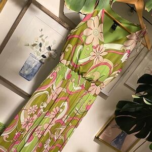 Kate & Lily floral mesh maxi dress retro-inspired green pink print smocked waist